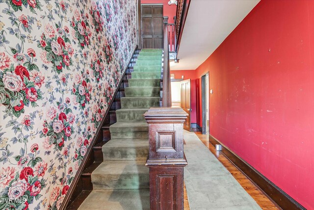 454 Cedar St, Bluff City, TN 37618 - stairway with baseboards and wood finished floors