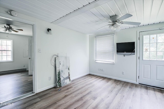 454 Cedar St, Bluff City, TN 37618 - unfurnished living room with a ceiling fan, a baseboard heating unit, wood finished floors, and wooden ceiling