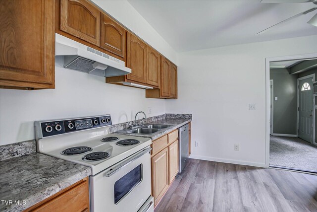 454 Cedar St, Bluff City, TN 37618 - kitchen with electric stove, under cabinet range hood, stainless steel dishwasher, light wood finished floors, and a ceiling fan