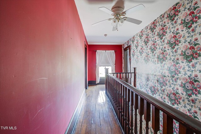 454 Cedar St, Bluff City, TN 37618 - hall with wallpapered walls, an upstairs landing, and wood-type flooring