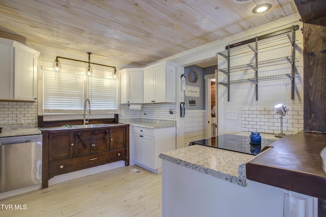 kitchen with dishwasher, wood ceiling, white cabinets, light wood-style flooring, and tasteful backsplash