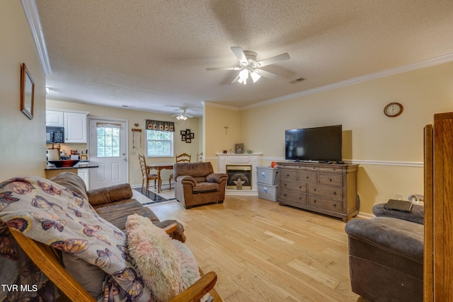 302 Milton Ct Unit 302, Kingsport, TN 37664 - living room with a ceiling fan, a textured ceiling, light wood-type flooring, crown molding, and a glass covered fireplace