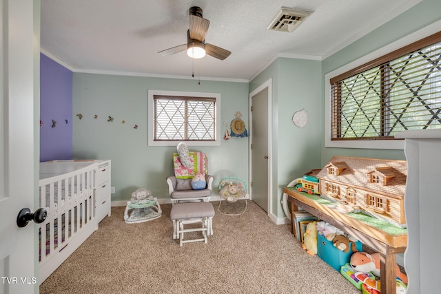 373 Mckeehan Ridge Rd, Elizabethton, TN 37643 - bedroom with carpet floors, baseboards, ornamental molding, ceiling fan, and a textured ceiling