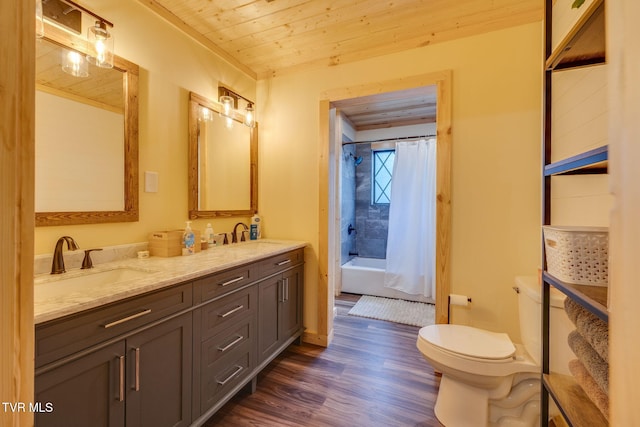 373 Mckeehan Ridge Rd, Elizabethton, TN 37643 - bathroom featuring wood ceiling, double vanity, wood finished floors, toilet, and shower / bath combo