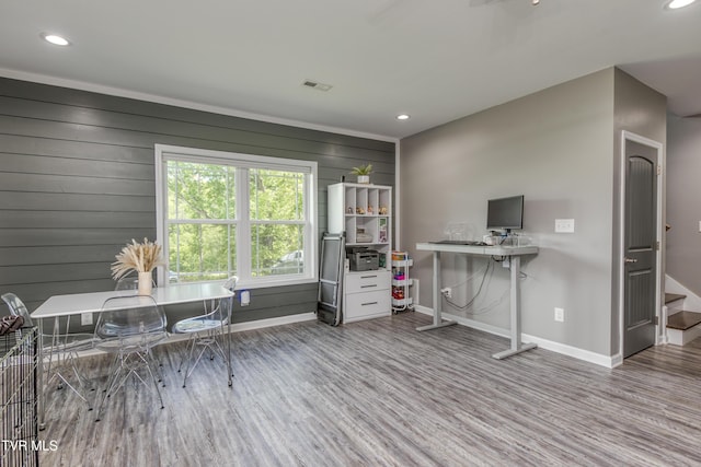 office area with wood finished floors, baseboards, and recessed lighting