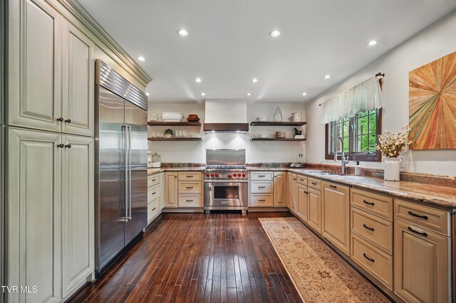 150 NW New Melrose St, Coeburn, VA 24230 - kitchen featuring open shelves, high end appliances, wall chimney range hood, a sink, and light stone counters