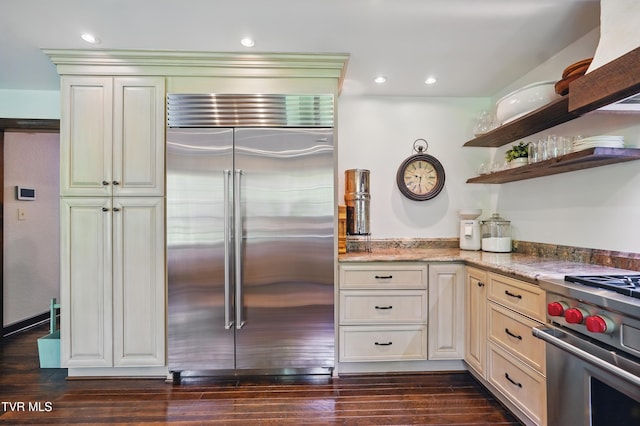 150 NW New Melrose St, Coeburn, VA 24230 - kitchen with high end appliances, light stone counters, dark wood-style floors, recessed lighting, and open shelves