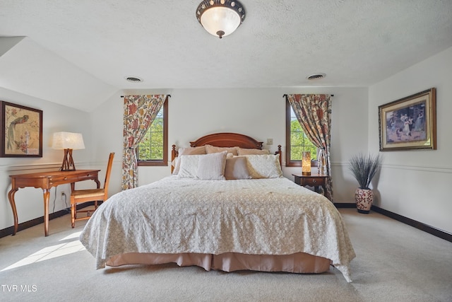 150 NW New Melrose St, Coeburn, VA 24230 - bedroom featuring light carpet, multiple windows, baseboards, a textured ceiling, and vaulted ceiling