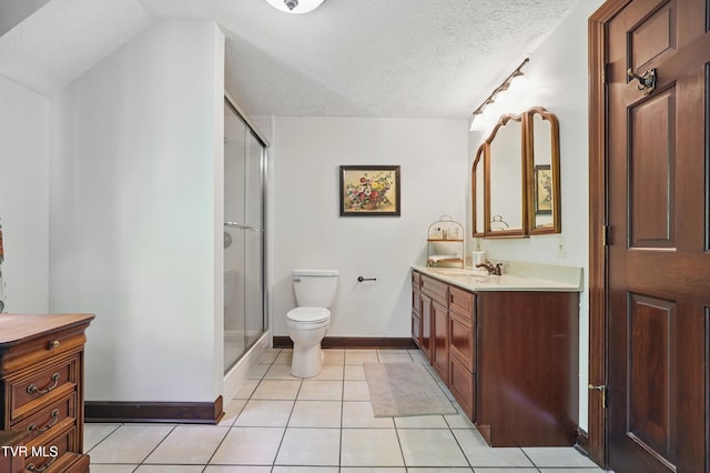 150 NW New Melrose St, Coeburn, VA 24230 - bathroom featuring toilet, vanity, tile patterned flooring, a shower stall, and a textured ceiling