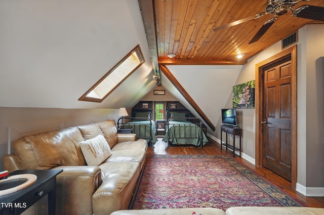 150 NW New Melrose St, Coeburn, VA 24230 - living area with a skylight, ceiling fan, wood finished floors, vaulted ceiling, and wooden ceiling