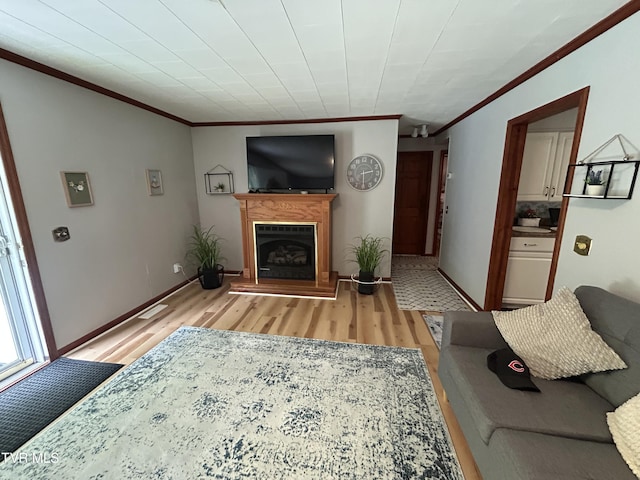 200 Glenbrook Mountain Rd, Keokee, VA 24265 - living room featuring crown molding, light wood-style flooring, a fireplace with raised hearth, and baseboards