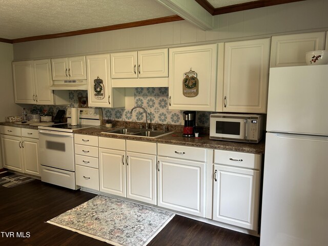200 Glenbrook Mountain Rd, Keokee, VA 24265 - kitchen with white appliances, a sink, ornamental molding, under cabinet range hood, and dark wood-style floors