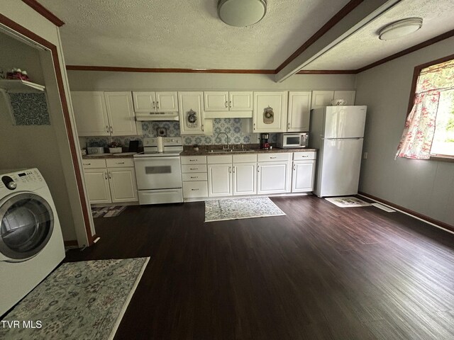 200 Glenbrook Mountain Rd, Keokee, VA 24265 - kitchen featuring white appliances, washer / dryer, dark wood-style flooring, white cabinetry, and crown molding