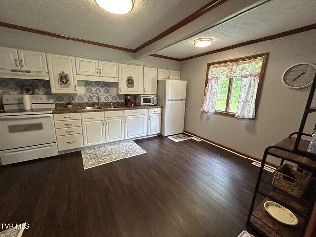 200 Glenbrook Mountain Rd, Keokee, VA 24265 - kitchen featuring white appliances, crown molding, a sink, a textured ceiling, and under cabinet range hood