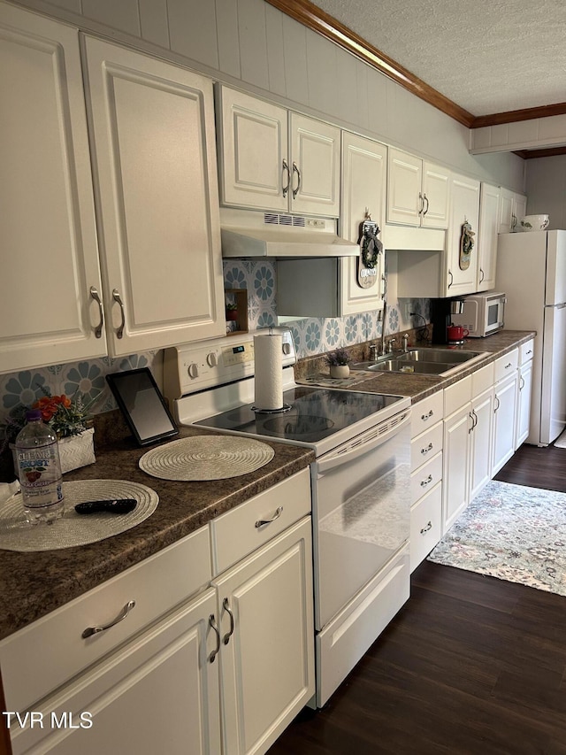 200 Glenbrook Mountain Rd, Keokee, VA 24265 - kitchen with under cabinet range hood, white appliances, crown molding, a sink, and white cabinetry