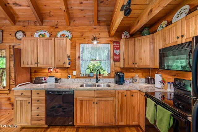 109 Hatley Hollow Rd, Butler, TN 37640 - kitchen with black appliances, a sink, wooden ceiling with exposed beams, healthy amount of natural light, and wooden walls