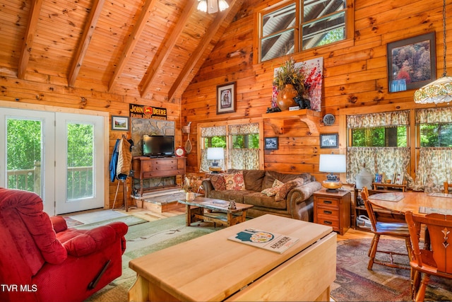 109 Hatley Hollow Rd, Butler, TN 37640 - living room featuring wood ceiling with exposed beams, wood walls, wood finished floors, and high vaulted ceiling