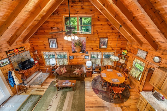 109 Hatley Hollow Rd, Butler, TN 37640 - living area featuring wood ceiling, hardwood / wood-style flooring, wood walls, and a ceiling fan
