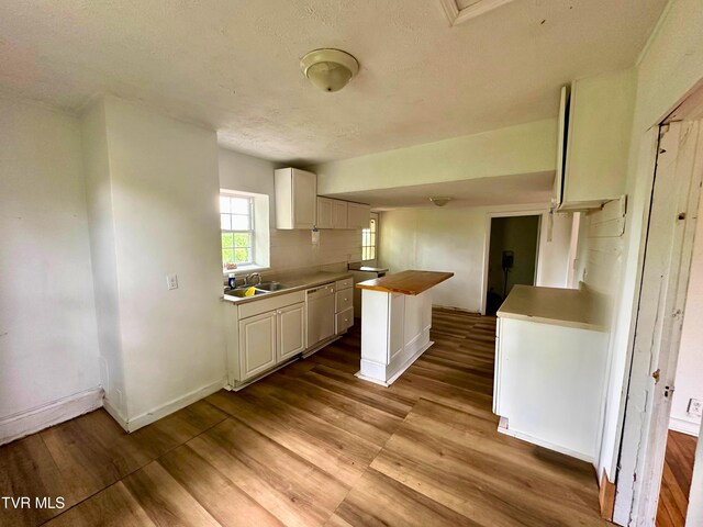 919 Russell St, Bristol, VA 24201 - kitchen with white dishwasher, light wood finished floors, a textured ceiling, a kitchen island, and a sink