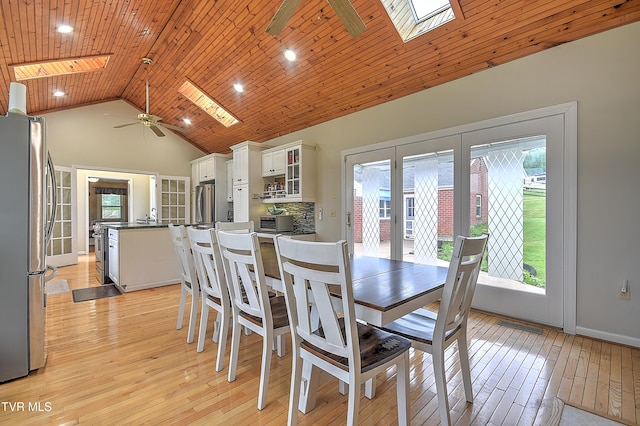 15497 Porterfield Hwy, Abingdon, VA 24210 - dining space featuring a skylight, ceiling fan, light wood-style floors, high vaulted ceiling, and wooden ceiling