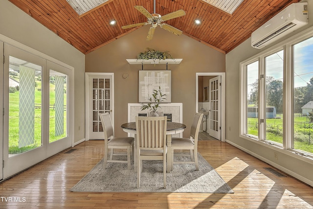 15497 Porterfield Hwy, Abingdon, VA 24210 - dining room featuring an AC wall unit, wooden ceiling, wood-type flooring, high vaulted ceiling, and a ceiling fan