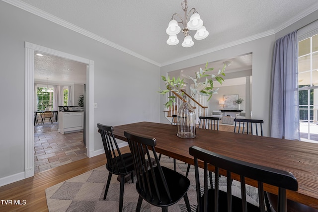 7540 Erwin Hwy, Chuckey, TN 37641 - dining space with a chandelier, crown molding, wood finished floors, baseboards, and a textured ceiling
