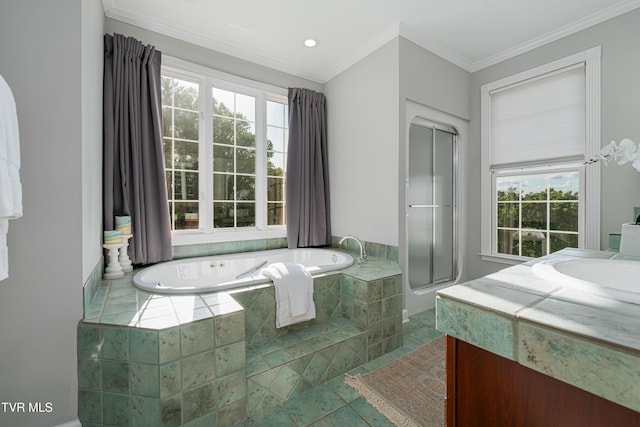 7540 Erwin Hwy, Chuckey, TN 37641 - bathroom featuring vanity, a bath, plenty of natural light, ornamental molding, and an enclosed shower