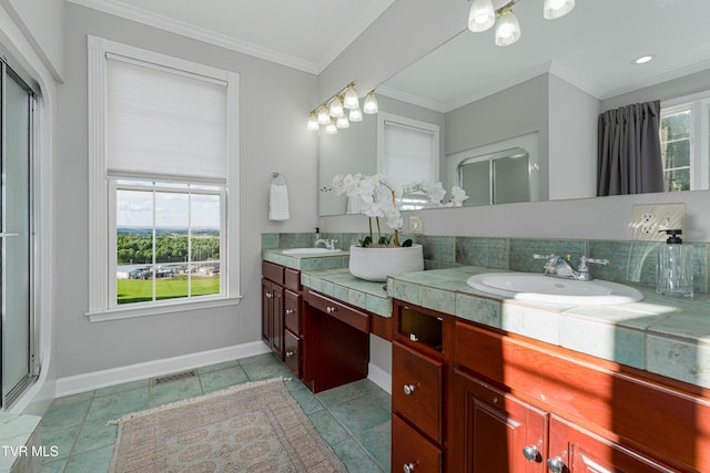 7540 Erwin Hwy, Chuckey, TN 37641 - bathroom featuring double vanity, ornamental molding, baseboards, and a shower with door