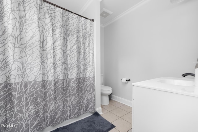 405 Castaway Dr, Kingsport, TN 37663 - bathroom with ornamental molding, toilet, tile patterned floors, vanity, and a shower with shower curtain