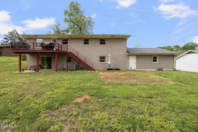 405 Castaway Dr, Kingsport, TN 37663 - back of house featuring a wooden deck, stairs, a lawn, brick siding, and central air condition unit