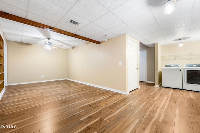 1213 American Way, Jonesborough, TN 37659 - unfurnished room featuring washer and dryer, a drop ceiling, ceiling fan, light wood-style flooring, and baseboards