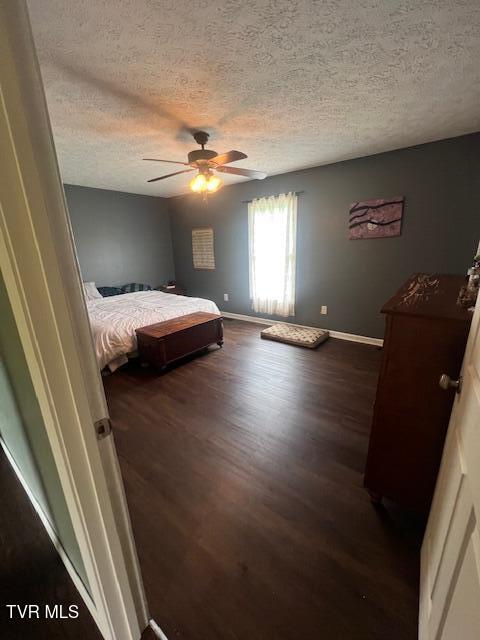 365 Guthrie Greene Rd, Bulls Gap, TN 37711 - bedroom with a textured ceiling, wood finished floors, baseboards, and a ceiling fan
