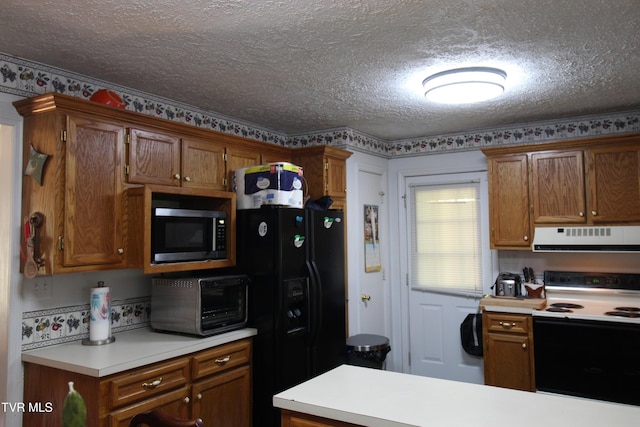16319 Mary St, Abingdon, VA 24210 - kitchen featuring white range with electric cooktop, ventilation hood, black refrigerator with ice dispenser, light countertops, and a textured ceiling