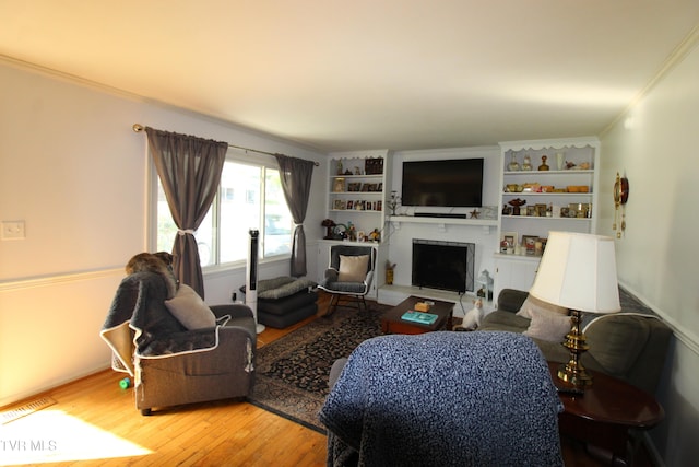 16319 Mary St, Abingdon, VA 24210 - living area with light wood-style floors, a fireplace, ornamental molding, and built in shelves