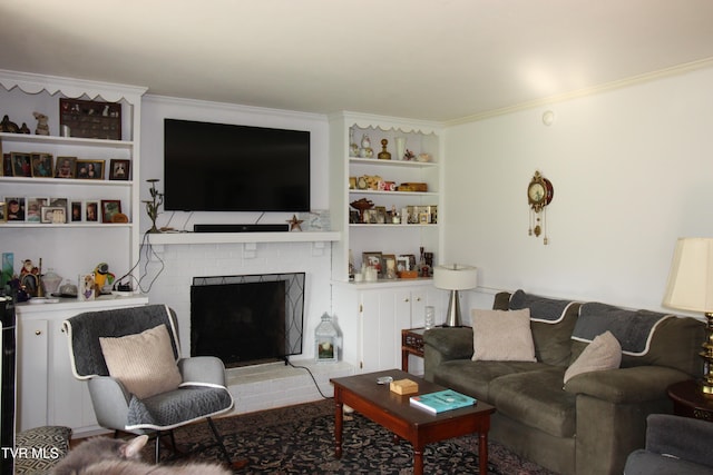 16319 Mary St, Abingdon, VA 24210 - living room featuring a brick fireplace, crown molding, and built in features