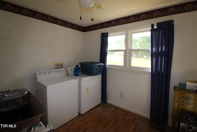 16319 Mary St, Abingdon, VA 24210 - laundry room with washer and dryer, dark wood-style flooring, baseboards, and a ceiling fan
