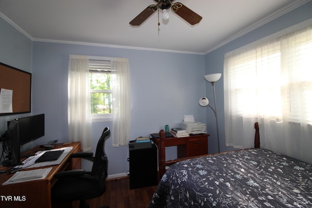 16319 Mary St, Abingdon, VA 24210 - bedroom with wood finished floors, crown molding, an office area, ceiling fan, and baseboards