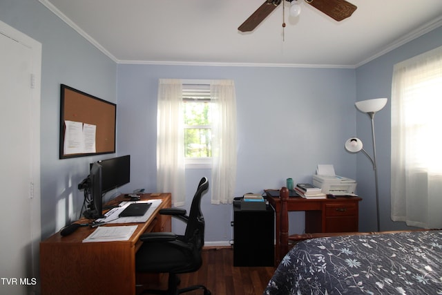 16319 Mary St, Abingdon, VA 24210 - bedroom featuring wood finished floors, ornamental molding, a desk, baseboards, and a ceiling fan
