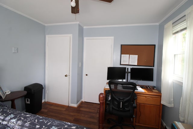 16319 Mary St, Abingdon, VA 24210 - bedroom featuring wood finished floors, ornamental molding, a desk, baseboards, and a ceiling fan