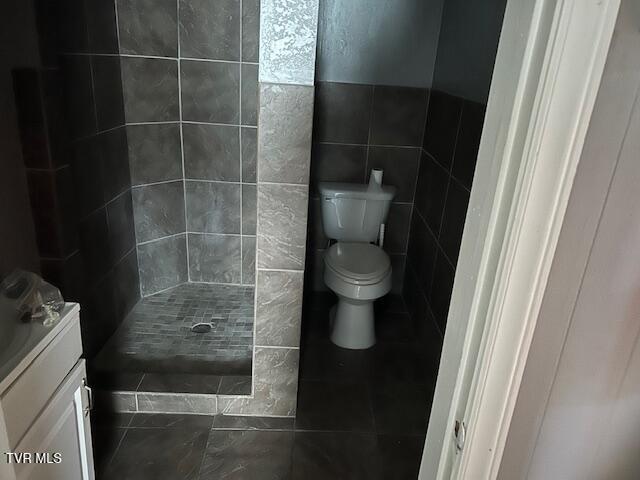 1014 Maple St, Kingsport, TN 37660 - bathroom featuring toilet, a shower stall, vanity, and tile walls