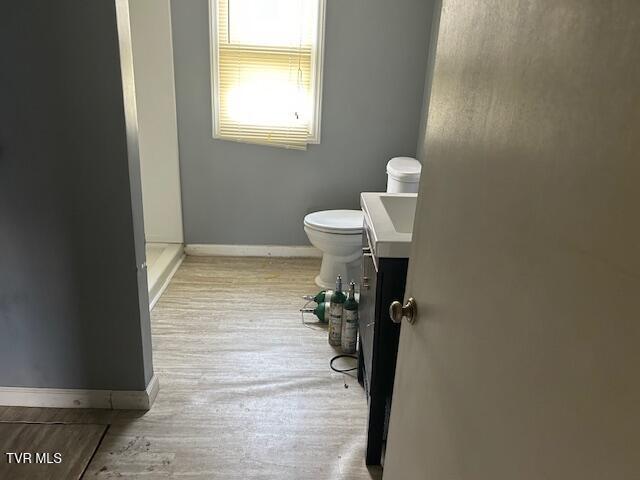 1014 Maple St, Kingsport, TN 37660 - full bath featuring vanity, toilet, baseboards, wood finished floors, and a shower
