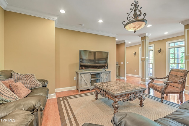 2041 King College Rd, Bristol, TN 37620 - living area with ornamental molding, ornate columns, light wood-style flooring, recessed lighting, and baseboards