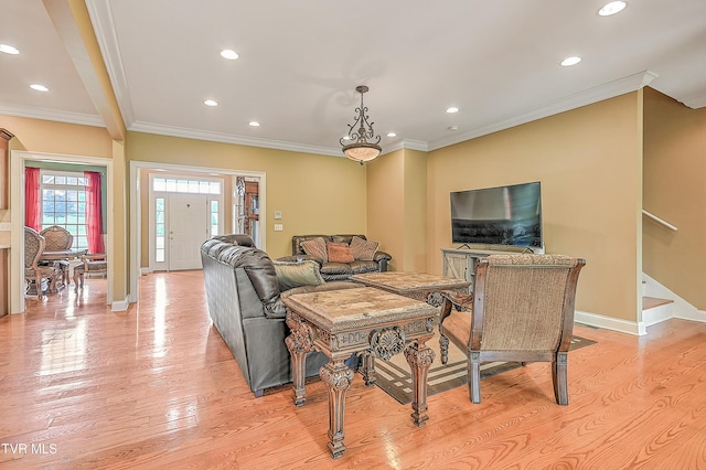 2041 King College Rd, Bristol, TN 37620 - living room featuring light wood-type flooring, crown molding, recessed lighting, baseboards, and stairs