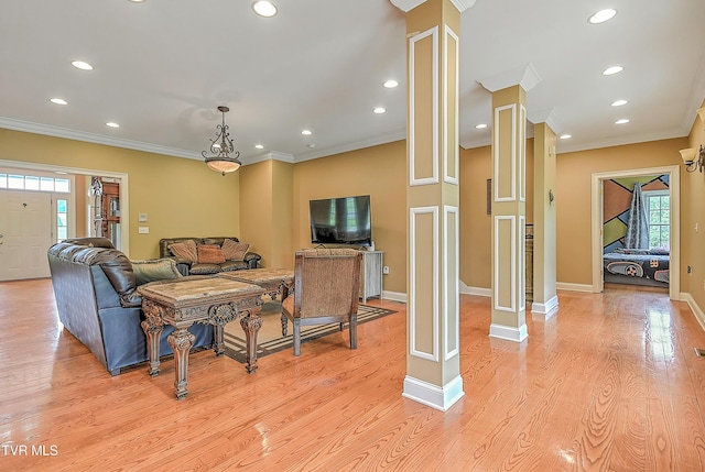 2041 King College Rd, Bristol, TN 37620 - living area featuring healthy amount of natural light, ornamental molding, decorative columns, light wood-style flooring, and recessed lighting