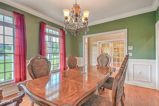 2041 King College Rd, Bristol, TN 37620 - dining area featuring a chandelier, light wood finished floors, crown molding, and wainscoting