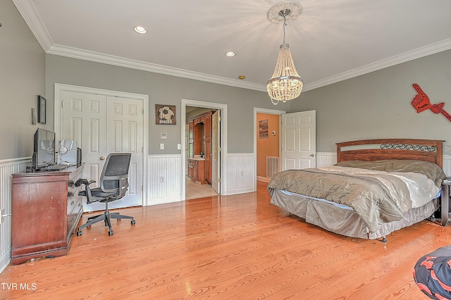 2041 King College Rd, Bristol, TN 37620 - bedroom featuring a chandelier, crown molding, wainscoting, wood finished floors, and a desk