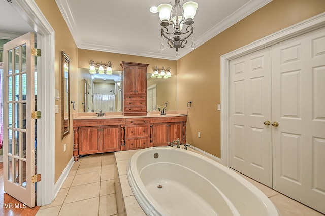 2041 King College Rd, Bristol, TN 37620 - full bathroom with a chandelier, crown molding, a tub, double vanity, and tile patterned floors