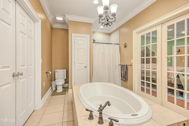 2041 King College Rd, Bristol, TN 37620 - bathroom with baseboards, a bath, toilet, a chandelier, and crown molding