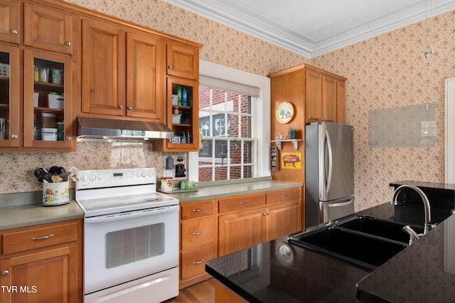 2107 Bartlett St, Johnson City, TN 37601 - kitchen featuring freestanding refrigerator, white electric range, under cabinet range hood, wallpapered walls, and a sink