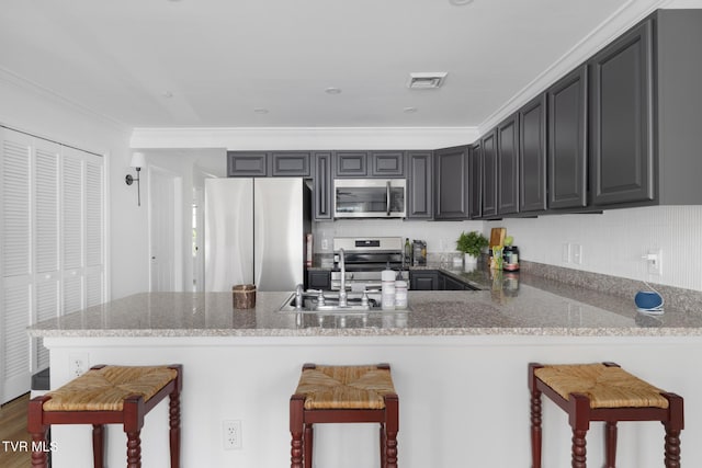 2008 Millennium Pl Unit 201, Johnson City, TN 37604 - kitchen with appliances with stainless steel finishes, a peninsula, a breakfast bar area, light stone counters, and ornamental molding
